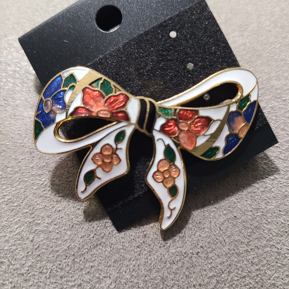 Vintage 1980's Gold Tone Cloisonne Bow Brooch Floral Enamel - Picture 4 of 11